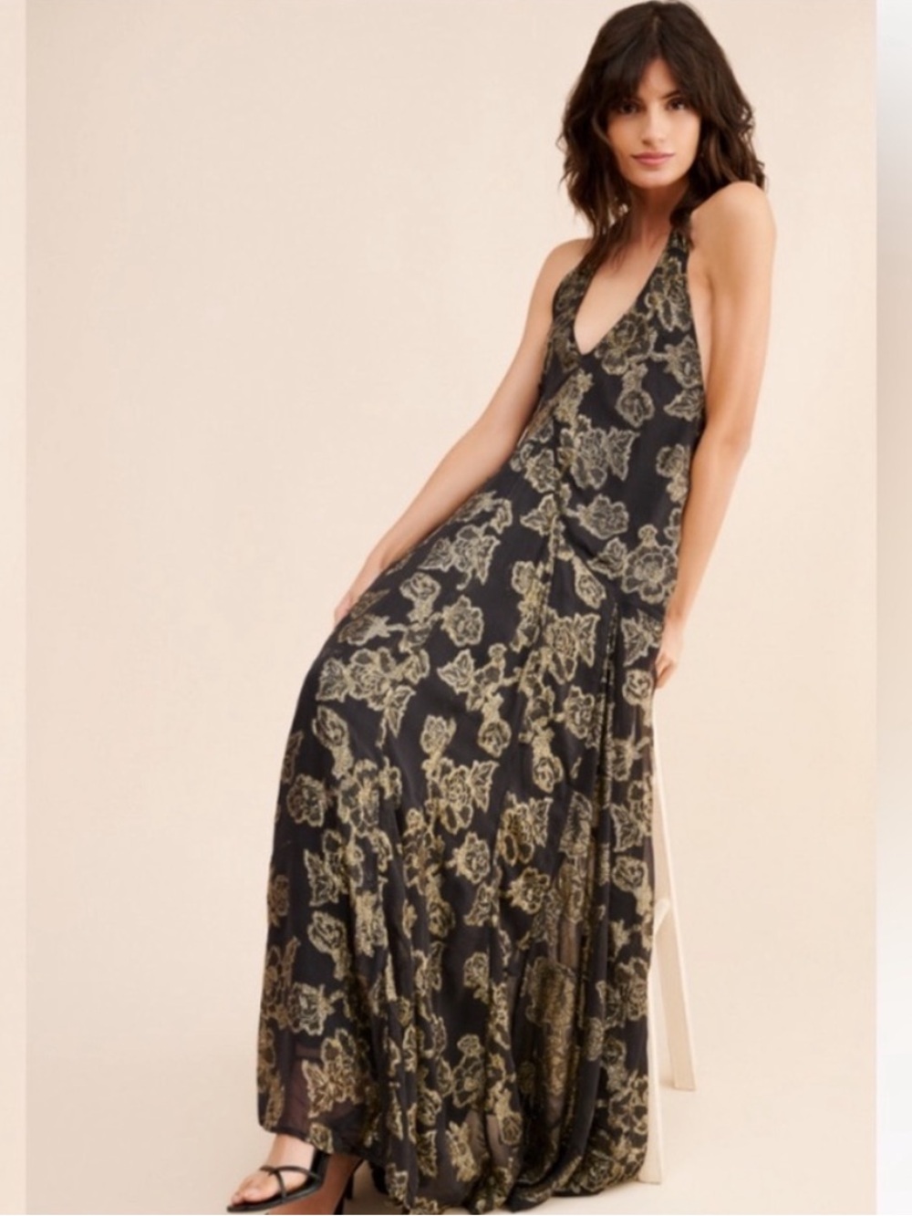 FREE PEOPLE Metallic Holding On Convertible Black Gold Floral Backless Dress M - Picture 2 of 14